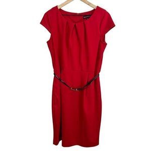 Dana Buchman Cap Sleeve Pleated Belted Sheath Above Knee Dress‎ Red Size 10